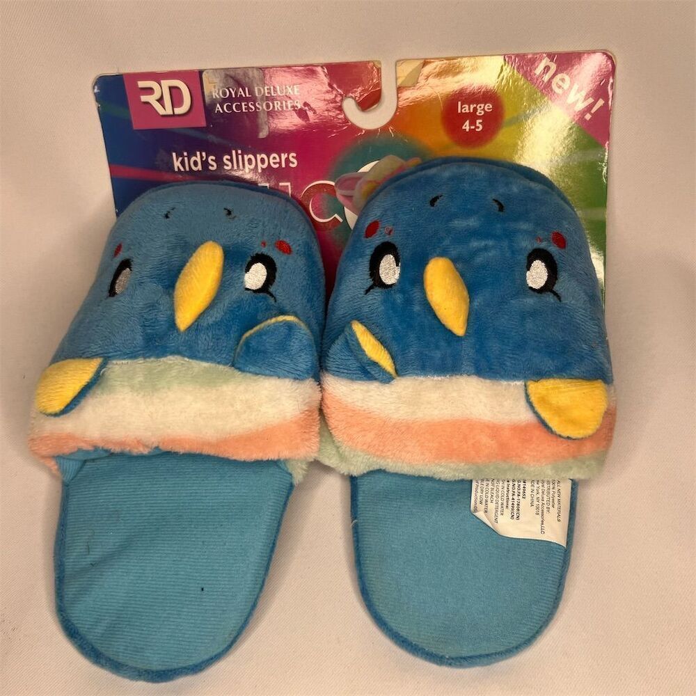 Kids Blue Penguin Slippers Size 4-5 Plush Slip-On Non-Slip Soles